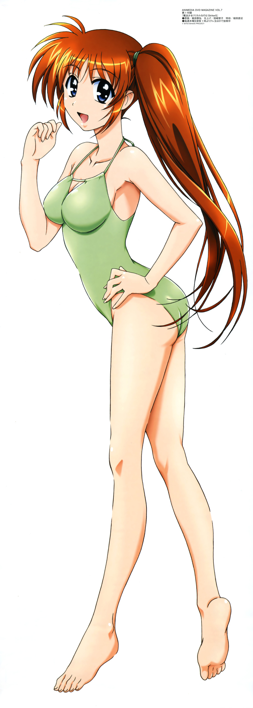1girl :d absurdres armpits ass barefoot blue_eyes breasts brown_hair casual_one-piece_swimsuit cleavage cleavage_cutout feet fingernails from_side full_body green_swimsuit hand_on_hip highres kneepits large_breasts legs long_fingernails long_hair long_image long_legs looking_at_viewer lyrical_nanoha mahou_shoujo_lyrical_nanoha mahou_shoujo_lyrical_nanoha_strikers official_art okuda_yasuhiro one-piece_swimsuit open_mouth orange_hair redhead scan scrunchie shiny shiny_hair side_ponytail simple_background smile soles solo standing stick_poster swimsuit takamachi_nanoha tall_image very_long_hair violet_eyes white_background