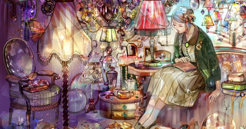 1girl blue_hair book bottle braid buttons carafe chair closed_eyes couch dress green_coat hair_ornament inside jewelry lamp lampshade locket medallion mirror open_book original pendant perfume_bottle picture_frame ring saiga_tokihito sitting socks solo striped striped_dress table tagme tray white_legwear