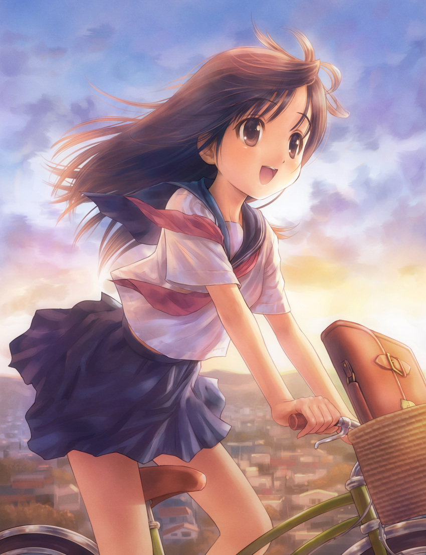 1girl :d absurdres bag bare_legs basket bicycle black_skirt blouse brown_eyes brown_hair building city cityscape clouds from_side goto_p happy highres house looking_away neckerchief open_mouth original outdoors riding school school_briefcase school_uniform serafuku short_sleeves skirt sky smile solo summer sunset white_blouse wind