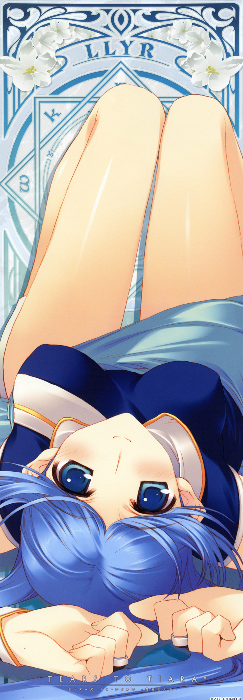 1girl absurdres blue_eyes blue_hair blush breasts bridal_gauntlets flower highres legs legs_up llyr long_hair long_image lying nakamura_takeshi on_back smile solo stick_poster tall_image tears_to_tiara