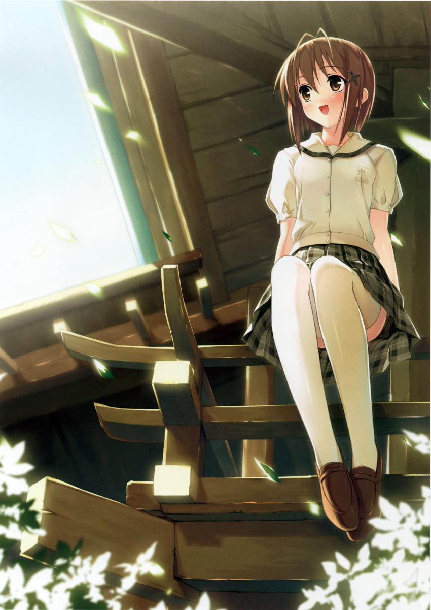 1girl :d absurdres amatsume_akira antenna_hair blush brown_eyes brown_hair highres kantoku leaf loafers looking_away open_mouth plaid plaid_skirt pleated_skirt rooftop scan school_uniform shoes short_hair sitting skirt smile solo thigh-highs white_legwear yellow_eyes yosuga_no_sora