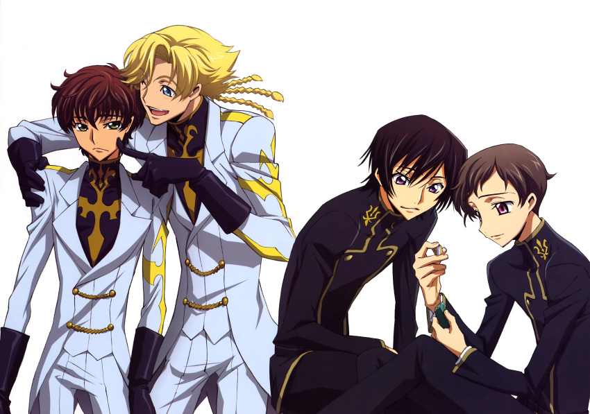 4boys absurdres blonde_hair blue_eyes code_geass gino_weinberg green_eyes highres ishida_kana jewelry kururugi_suzaku lelouch_lamperouge locket male_focus multiple_boys official_art pendant rolo_lamperouge violet_eyes