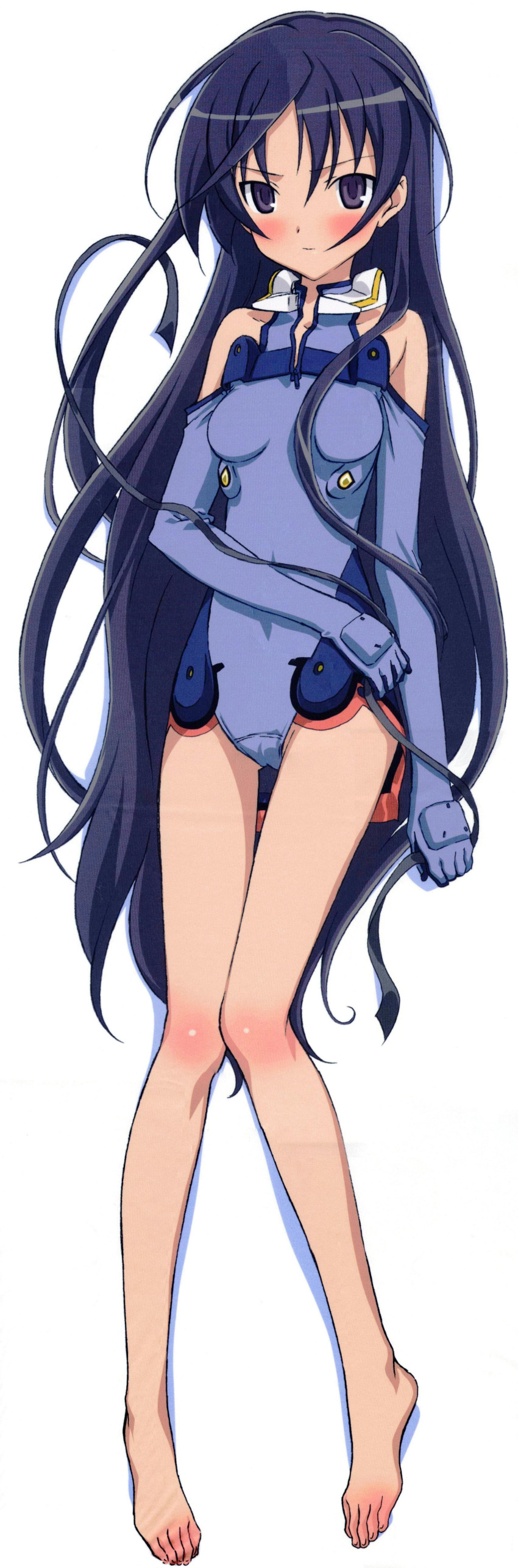 1girl absurdres alternate_hairstyle bangs bare_shoulders barefoot blue_eyes blue_gloves blue_hair blush body_blush breasts dakimakura elbow_gloves feet from_above full_body gloves hair_down halterneck highres holding ichijou_eika iizuka_haruko knees_together_feet_apart leotard light_smile long_hair long_image long_legs looking_at_viewer lying official_art on_back parted_bangs pilot_suit ribbon scan shadow simple_background sky_girls small_breasts smile solo tall_image thigh_gap turtleneck unzipped very_long_hair violet_eyes white_background zipper