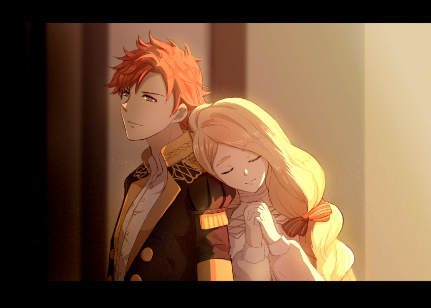 1boy 1girl artist_request blonde_hair closed_eyes fire_emblem fire_emblem:_three_houses garreg_mach_monastery_uniform leaning_on_person letterboxed long_hair mercedes_von_martritz praying redhead short_hair side_ponytail smile sylvain_jose_gautier tagme