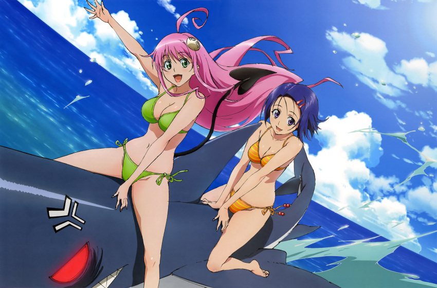 2girls :d absurdres ahoge anger_vein angry arm_support bangs barefoot bikini blue_hair blush breasts chikaoka_sunao cleavage clenched_teeth clouds detexted dutch_angle feet floating_hair glowing glowing_eyes green_bikini green_eyes hair_ornament hairclip head_tilt highres lala_satalin_deviluke long_hair looking_at_viewer multiple_girls newtype ocean official_art open_mouth orange_bikini outdoors outstretched_arm peke pink_hair red_eyes riding sairenji_haruna scan shark short_hair side-tie_bikini sidelocks sky smile splashing straddling string_bikini striped striped_bikini striped_swimsuit swimsuit tail teeth to_love-ru v_arms very_long_hair violet_eyes water