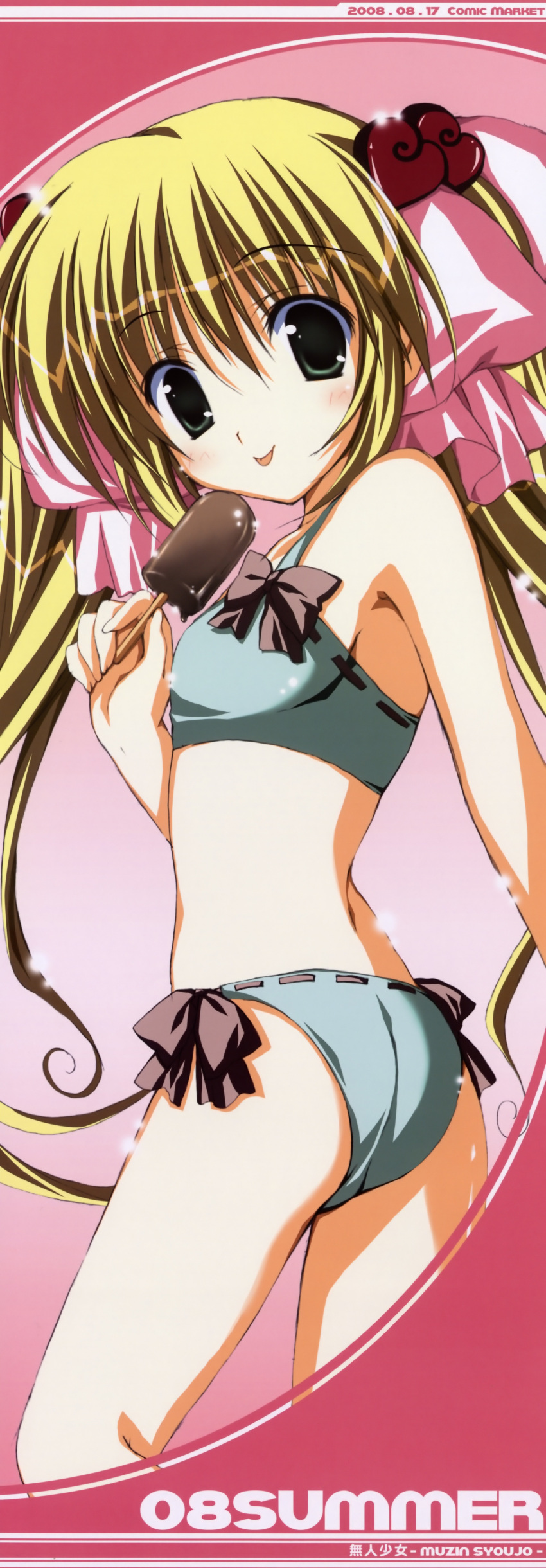 :p absurdres aihara_tokimi bikini blonde_hair blush flat_chest green_eyes hair_ornament hair_ribbon highres korie_riko long_hair long_image looking_back midriff popsicle ribbon side-tie_bikini stick_poster supreme_candy swimsuit tall_image tongue tongue_out twintails