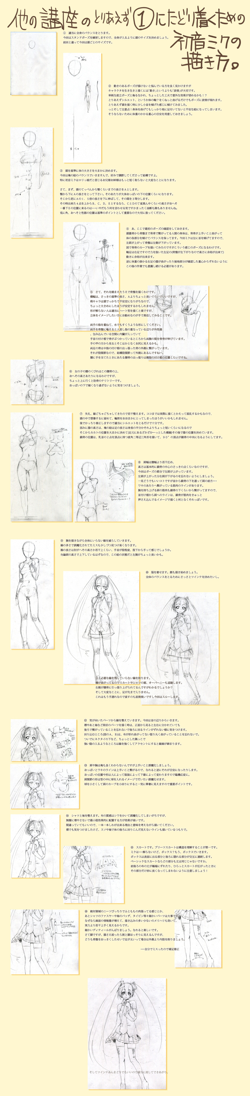 1girl absurdres bad_id contrapposto hatsune_miku highres how_to ikuhana_niiro long_image monochrome sketch tall_image translation_request vocaloid
