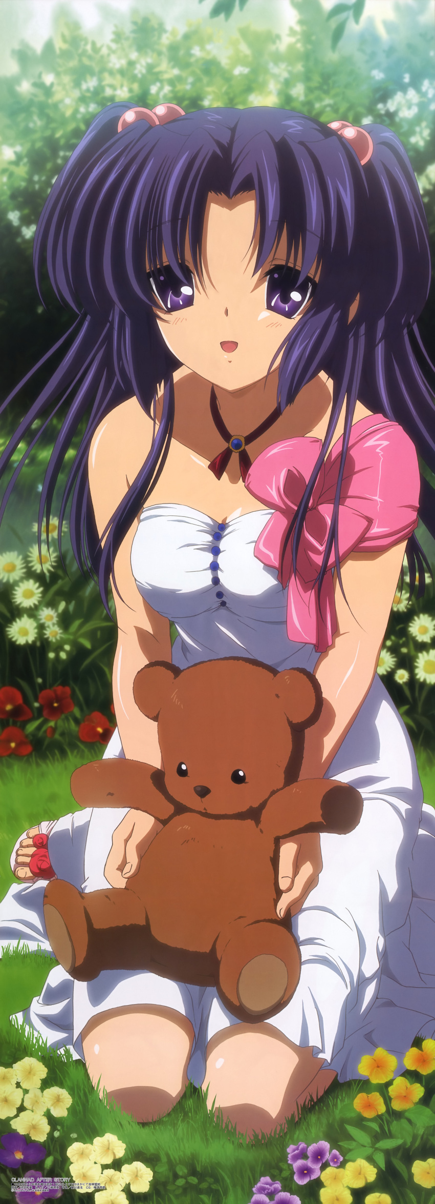 1girl absurdres bear blue_hair bow clannad dress flower hair_bobbles hair_ornament highres ichinose_kotomi ikeda_kazumi long_hair long_image megami official_art ribbon solo stick_poster stuffed_animal stuffed_toy tall_image teddy_bear two_side_up violet_eyes