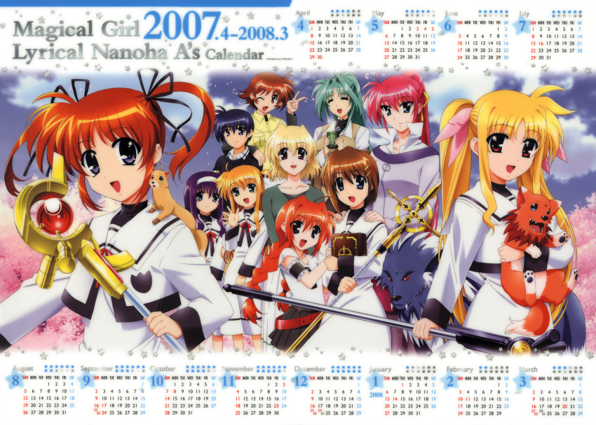 1boy 6+girls absurdres amy_limietta amy_limiette arf arisa_bannings bardiche blonde_hair calendar chrono_harlaown everyone fate_testarossa highres lindy_harlaown lyrical_nanoha mahou_shoujo_lyrical_nanoha mahou_shoujo_lyrical_nanoha_a's multiple_girls okuda_yasuhiro pantyhose raising_heart schwertkreuz shamal signum star takamachi_nanoha tome_of_the_night_sky tsukimura_suzuka vita yagami_hayate yuuno_scrya zafira