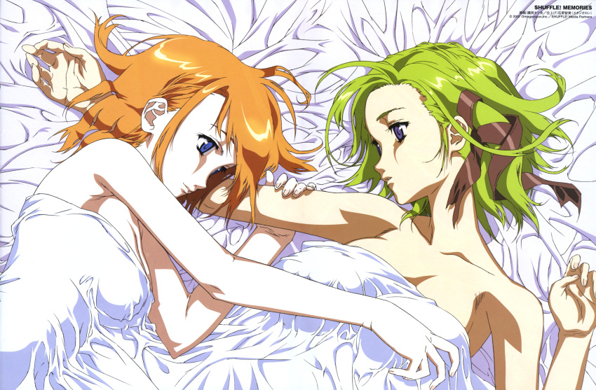 2girls absurdres arm_grab armpits bangs bare_shoulders bed_sheet blue_eyes breasts cleavage comp_h's couple from_above fuyou_kaede green_hair hair_ribbon highres hosoda_naoto indoors lying multiple_girls naked_sheet nude official_art on_back on_side open_mouth orange_hair outstretched_arm profile ribbon scan shigure_asa short_hair shuffle! shuffle!_memories smile tress_ribbon untied upper_body yuri