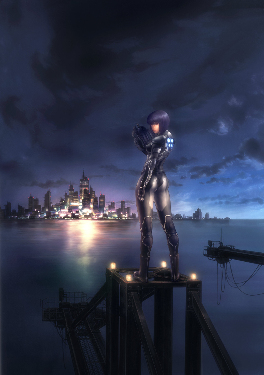 1girl absurdres bodysuit city cityscape clouds cyberpunk cyborg ghost_in_the_shell ghost_in_the_shell_stand_alone_complex gun highres kusanagi_motoko landscape night night_sky purple_hair red_eyes rifle scenery science_fiction skin_tight sky solo weapon