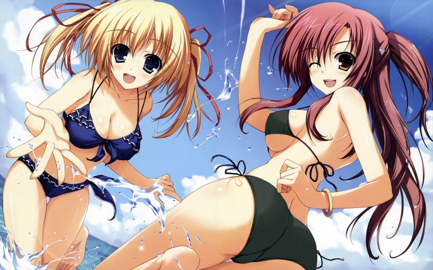 2girls :d ;d akatsuki_no_goei ass bangs bare_shoulders bikini black_bikini blonde_hair blue_bikini blue_eyes blue_sky blush body_blush bracelet breasts brown_eyes cleavage clouds collarbone female front-tie_top hair_between_eyes hair_ribbon hands highres jewelry kurayashiki_tae large_breasts legs looking_at_viewer looking_back multiple_girls nikaidou_reika one_eye_closed open_hand open_mouth outdoors redhead ribbon side-tie_bikini sky smile splashing swimsuit thigh_gap thighs tomose_shunsaku twintails under_boob wallpaper water widescreen wink