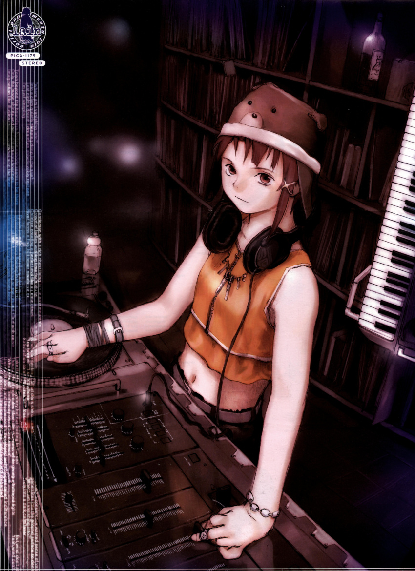 90s abe_yoshitoshi absurdres animal_ears bear_ears bottle bracelet brown_eyes brown_hair dj hair_ornament hairclip hat headphones headphones_around_neck highres instrument iwakura_lain jewelry keyboard keyboard_(instrument) midriff mixer necklace official_art phonograph ring serial_experiments_lain synthesizer turntable