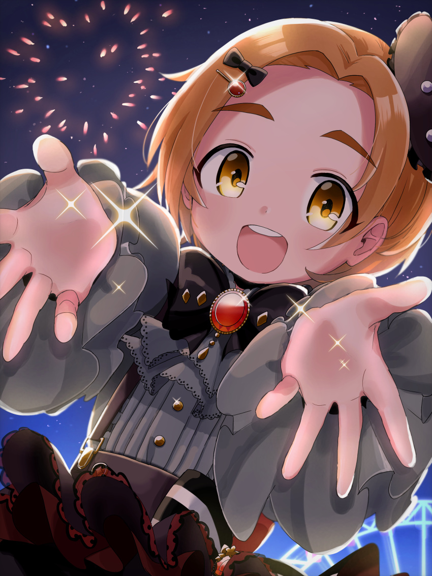 1girl absurdres black_bow black_bowtie bow bowtie dot_nose fireworks forehead frilled_sleeves frills hair_ornament hairpin high-waist_skirt highres idolmaster idolmaster_cinderella_girls idolmaster_cinderella_girls_starlight_stage incoming_hug long_sleeves looking_at_viewer marukado09 night night_sky ryuuzaki_kaoru short_hair skirt sky smile sparkle suspenders upper_body yellow_eyes