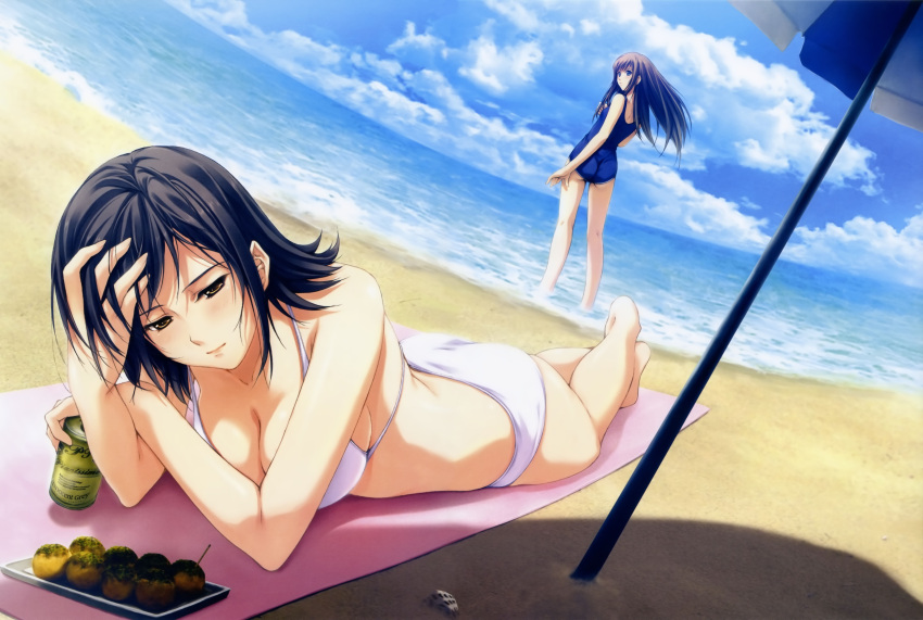 2girls absurdres adjusting_hair ass back bangs barefoot beach beach_umbrella bikini black_hair blue_eyes blush breasts brown_hair can cleavage clouds crossed_arms dango drink dutch_angle fisheye flat_chest food foreshortening from_behind highres kneepits large_breasts legs legs_crossed light_smile long_hair looking_back lying multiple_girls ocean official_art on_stomach one-piece_swimsuit outdoors parasol parted_bangs pianissimo_(game) pp:_pianissimo school_swimsuit seashell shadow shell shirakawa_ayane short_hair sideboob sky standing sugina_miki sunbathing swimsuit tachibana_mikage takoyaki towel umbrella wading wagashi water white_bikini white_swimsuit yellow_eyes
