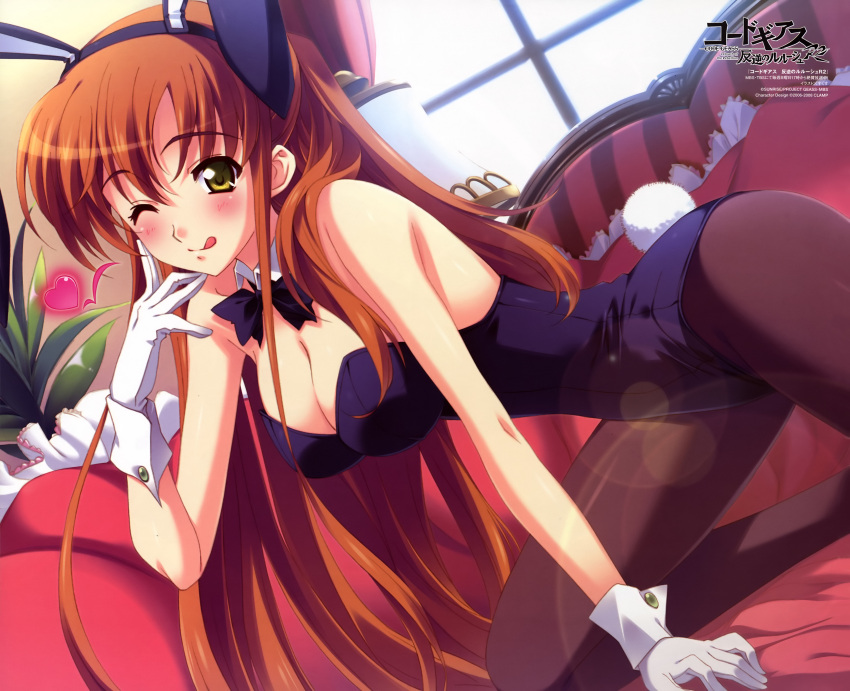 1girl ;q absurdres animal_ears arm_support bare_shoulders bent_over blush bow bowtie breasts brown_hair bunny_girl bunny_tail bunnysuit charamel cleavage code_geass copyright_name couch cuffs detached_collar dutch_angle ears female gloves green_eyes heart highres indoors kusukusu large_breasts legs lens_flare long_hair looking_at_viewer official_art one_eye_closed orange_hair pantyhose rabbit_ears shirley_fenette solo tail tongue tongue_out very_long_hair wallpaper white_gloves window wink wrist_cuffs yellow_eyes