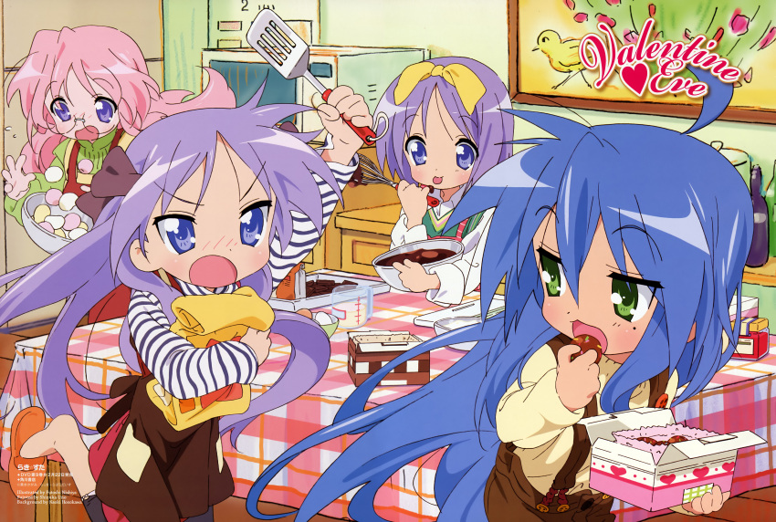 4girls absurdres animage chocolate cooking feet highres hiiragi_kagami hiiragi_tsukasa izumi_konata kitchen lucky_star multiple_girls nishiya_futoshi no_socks official_art ribbon scan shoe_dangle takara_miyuki valentine