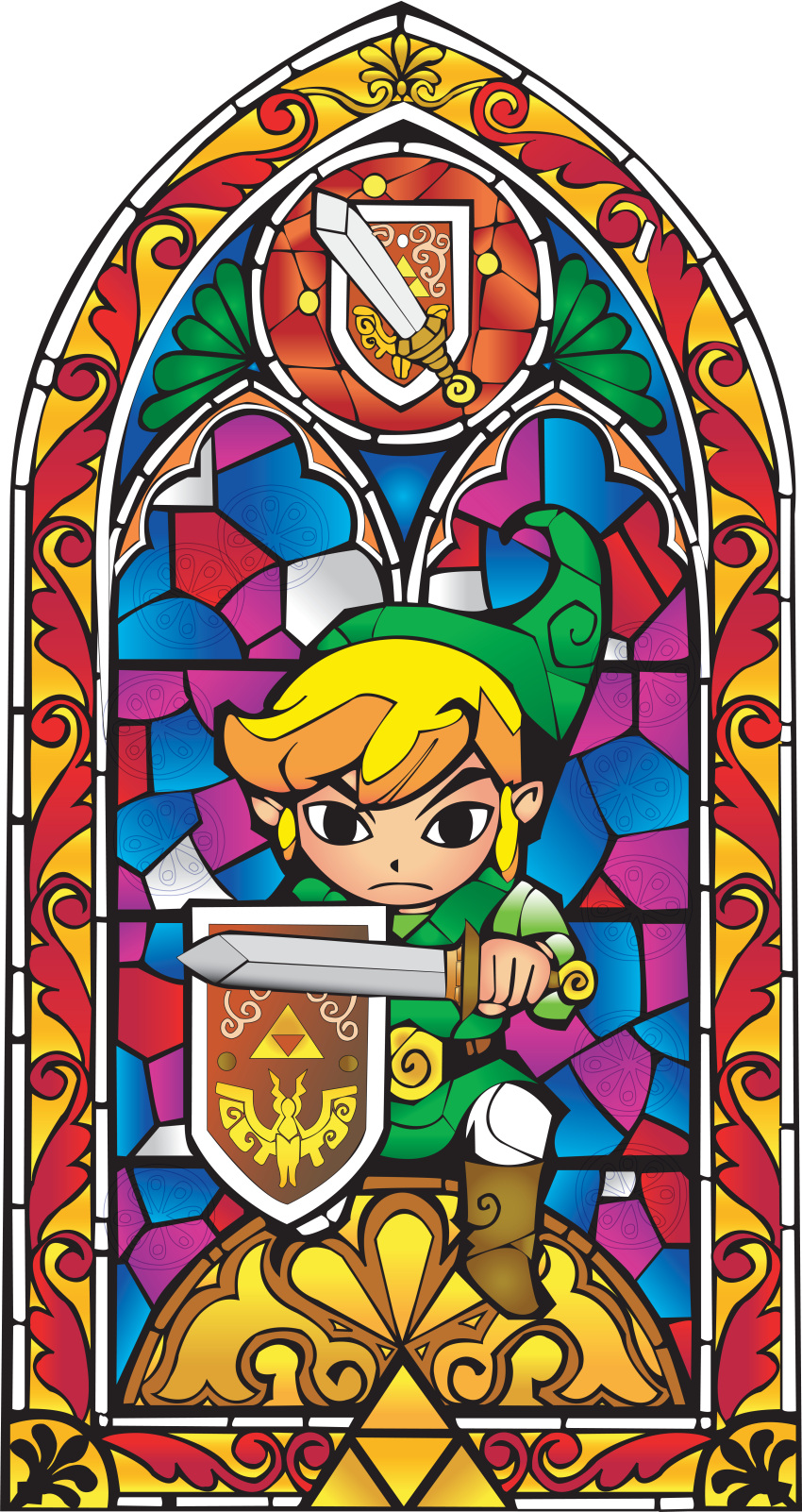 1boy absurdres black_eyes blonde_hair faux_traditional_media highres link male_focus nintendo pointy_ears shield solo stained_glass sword the_legend_of_zelda the_legend_of_zelda:_the_wind_waker toon_link weapon
