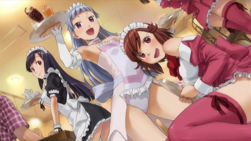 3girls aoba_tsugumi armpits cosplay end_card kannagi maid multiple_girls nagi naruko_hanaharu official_art tray waitress zange