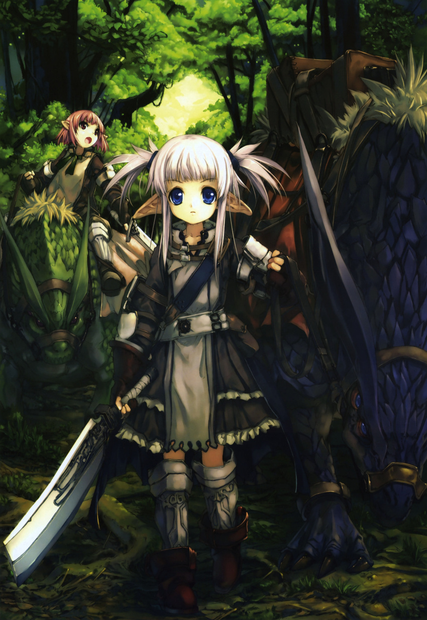 2girls absurdres ariko_youichi armor blue_eyes elf fantasy forest highres hitomaru monster multiple_girls nature pointy_ears red_eyes redhead riding short_hair silver_hair sword weapon