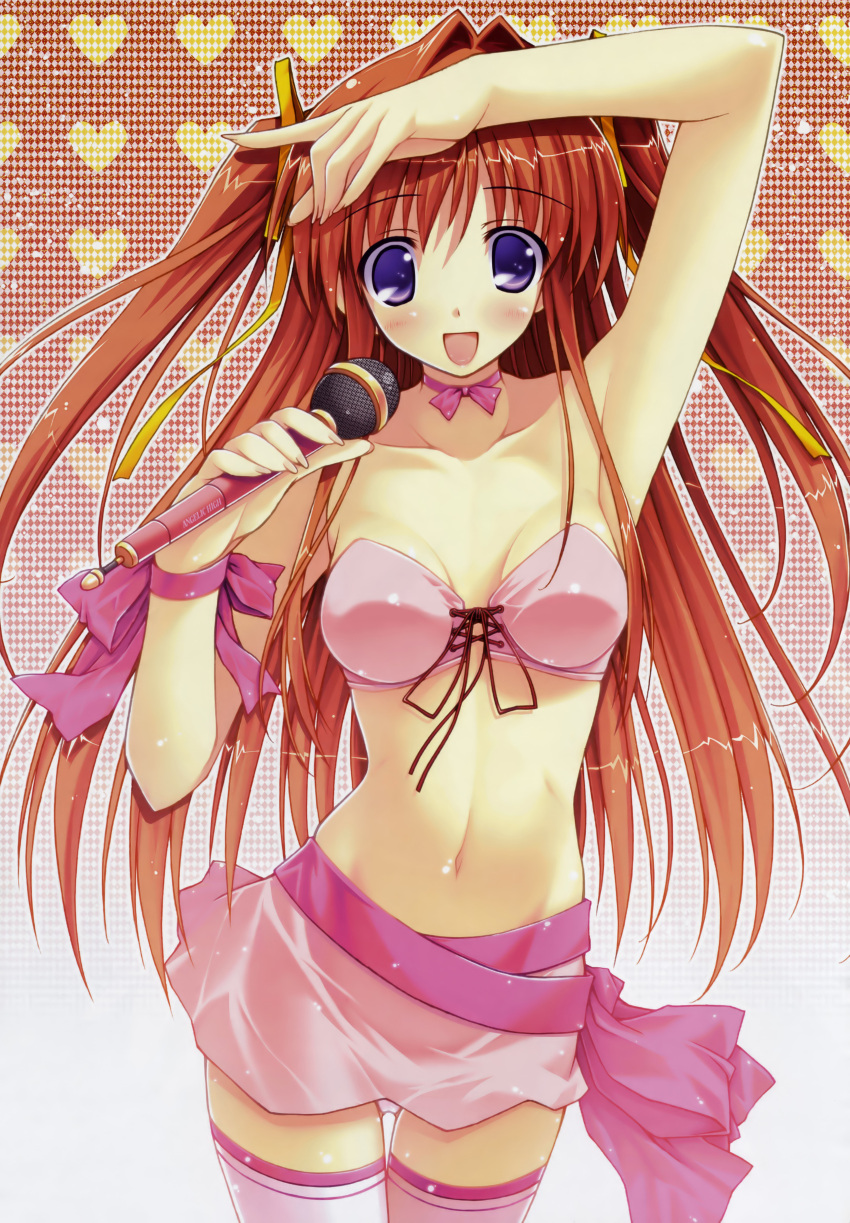 1girl :d absurdres amane_sou arm_up asakura_misaki bare_shoulders blue_eyes breasts brown_hair cleavage fixed highres idol_revolution microphone navel neck_ribbon open_mouth pink_legwear ribbon scan smile solo thigh-highs violet_eyes