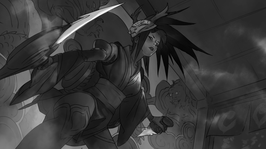 1girl absurdres akali akali_(legacy) alternate_costume antlers arm_guards bangs blood_moon_akali blunt_bangs ceiling commentary doorway dual_wielding english_commentary eyeliner feet_out_of_frame fighting_stance from_below greyscale highres holding holding_sword holding_weapon japanese_clothes kama_(weapon) kimono league_of_legends lips long_hair long_sleeves makeup mask mask_on_head monochrome noren obi outstretched_arms parted_lips reverse_grip ribbon-trimmed_sleeves ribbon_trim sash short_kimono short_sword sickle sketch smoke solo_focus squatting sword thigh-highs weapon wide_sleeves zeenchin