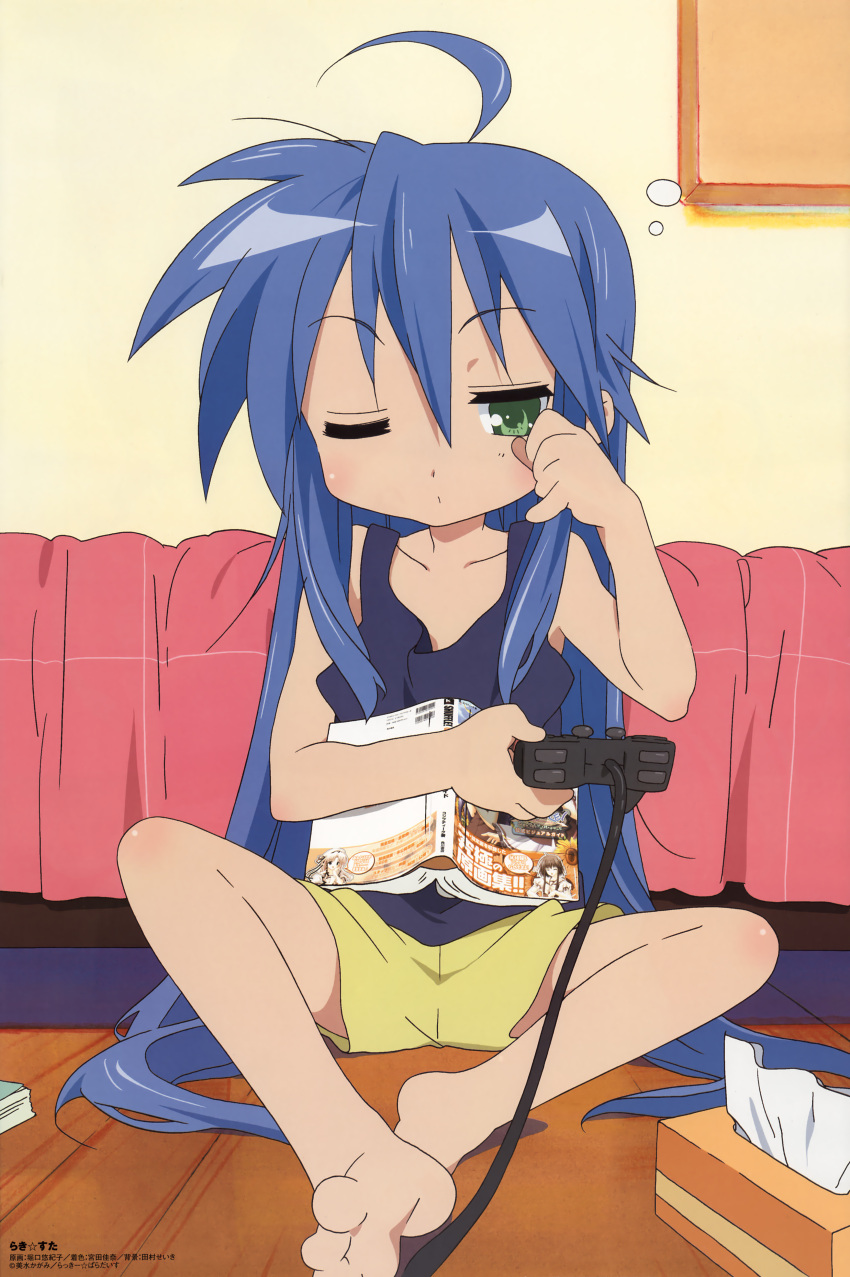 1girl absurdres ahoge barefoot blue_hair comp_h's feet game_console green_eyes highres horiguchi_yukiko izumi_konata long_hair lucky_star mole official_art one_eye_closed playing_games playstation_2 scan shorts sitting sleepy soles solo tissue tissue_box toes very_long_hair video_game wink