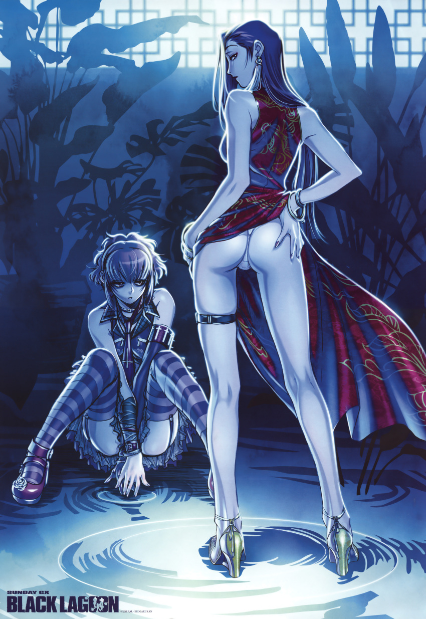 2girls absurdres ass back bare_shoulders black_lagoon bracelet china_dress chinese_clothes contrapposto dress earrings elbow_gloves frederica_sawyer garter_straps garters gloves gothic hand_on_hip high_heels highres hips hiroe_rei jewelry kneepits legs long_hair long_legs looking_back multiple_girls official_art open_shoes panties ripples sawyer_the_cleaner shenhua shoes sitting skirt standing striped striped_legwear thigh-highs thigh_strap thong underwear water