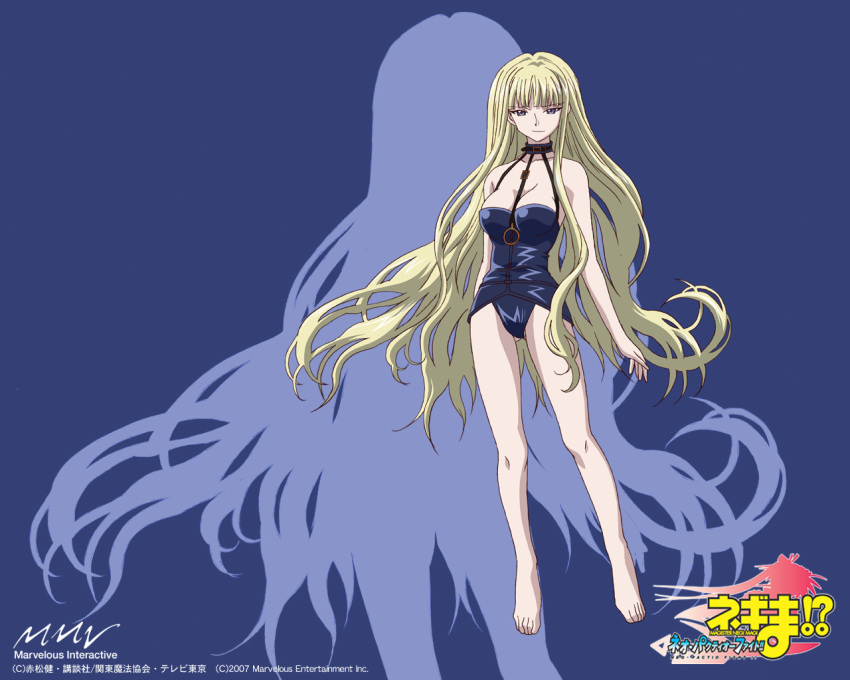 1girl barefoot between_breasts blonde_hair blue_eyes breasts casual_one-piece_swimsuit cleavage evangeline_a_k_mcdowell evangeline_a_k_mcdowell_(adult) long_hair mahou_sensei_negima! older one-piece_swimsuit silhouette solo swimsuit vampire very_long_hair wallpaper
