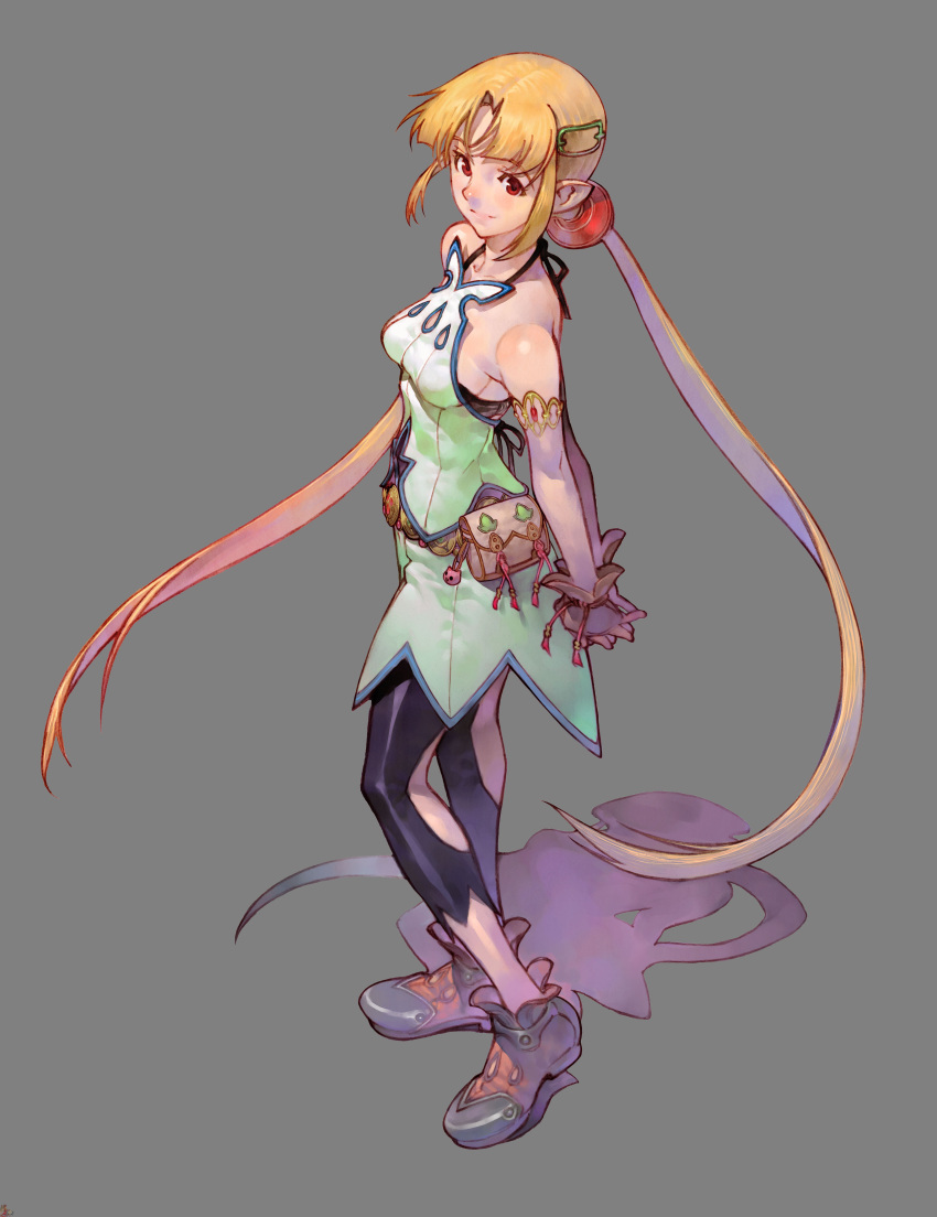 1girl absurdres alfina alfina_(grandia) blonde_hair breasts full_body game_arts grandia grandia_iii grey_background hair_ornament hairpin highres leggings long_hair official_art pointy_ears red_eyes shoes sideboob simple_background solo twintails very_long_hair yoshinari_you