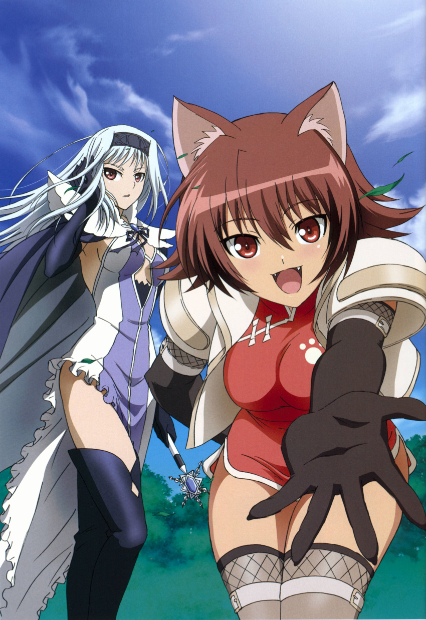 2girls absurdres albino animal_ears artist_request blanc_neige blue_skirt boots breasts brown_hair cape cat_ears cleavage elbow_gloves gloves hands highres long_hair mao_(shining_tears) multiple_girls red_eyes sega shining_(series) shining_tears shining_wind skirt smile thigh-highs thigh_boots white_hair