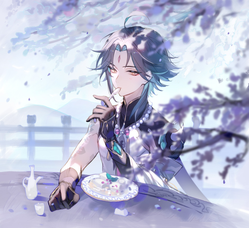 1boy ahoge arm_guards arm_tattoo bangs bare_shoulders bead_necklace beads black_gloves black_hair blurry blurry_foreground closed_mouth cup detached_sleeves eyebrows_visible_through_hair facial_mark food forehead_mark genshin_impact gloves green_hair holding holding_spoon jewelry litoufulawo long_hair looking_at_viewer male_focus multicolored_hair necklace parted_bangs shoulder_pads shoulder_spikes sleeveless slit_pupils solo spikes spoon table tassel tattoo teacup teapot tofu utensil_in_mouth vision_(genshin_impact) xiao_(genshin_impact) yellow_eyes