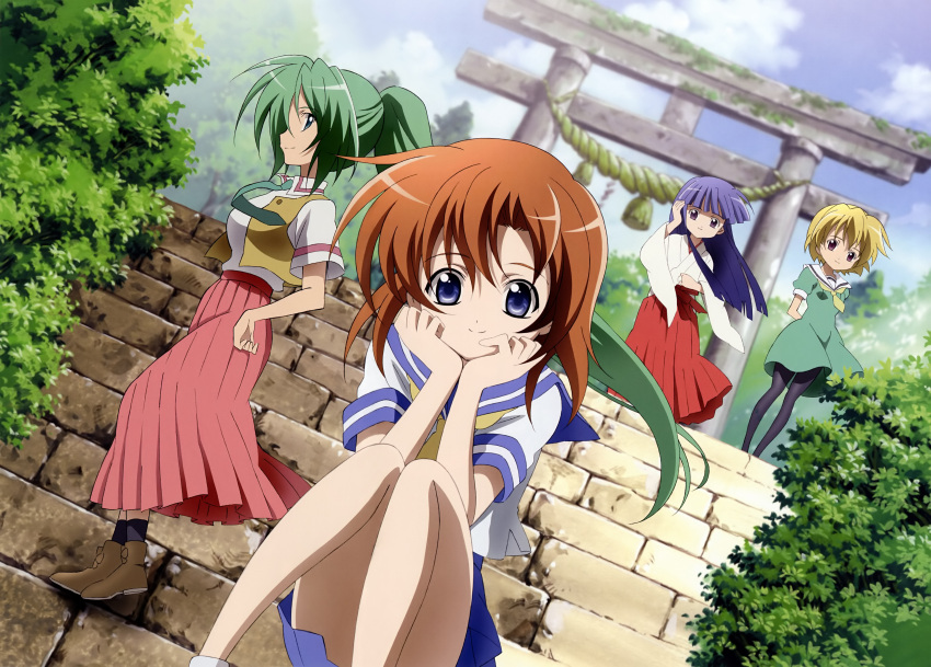 4girls absurdres adjusting_hair arms_behind_back bell blonde_hair blue_eyes blue_hair brown_hair child chin_rest clouds detexted dress dutch_angle footwear furude_rika green_hair hand_on_hip highres higurashi_no_naku_koro_ni hips houjou_satoko japanese_clothes long_hair long_skirt miko morimoto_hirofumi multiple_girls necktie official_art outdoors pantyhose ponytail ryuuguu_rena sailor_dress scan school_uniform serafuku shoes short_hair sitting skirt sky smile socks sonozaki_mion stairs torii very_long_hair vest violet_eyes wind