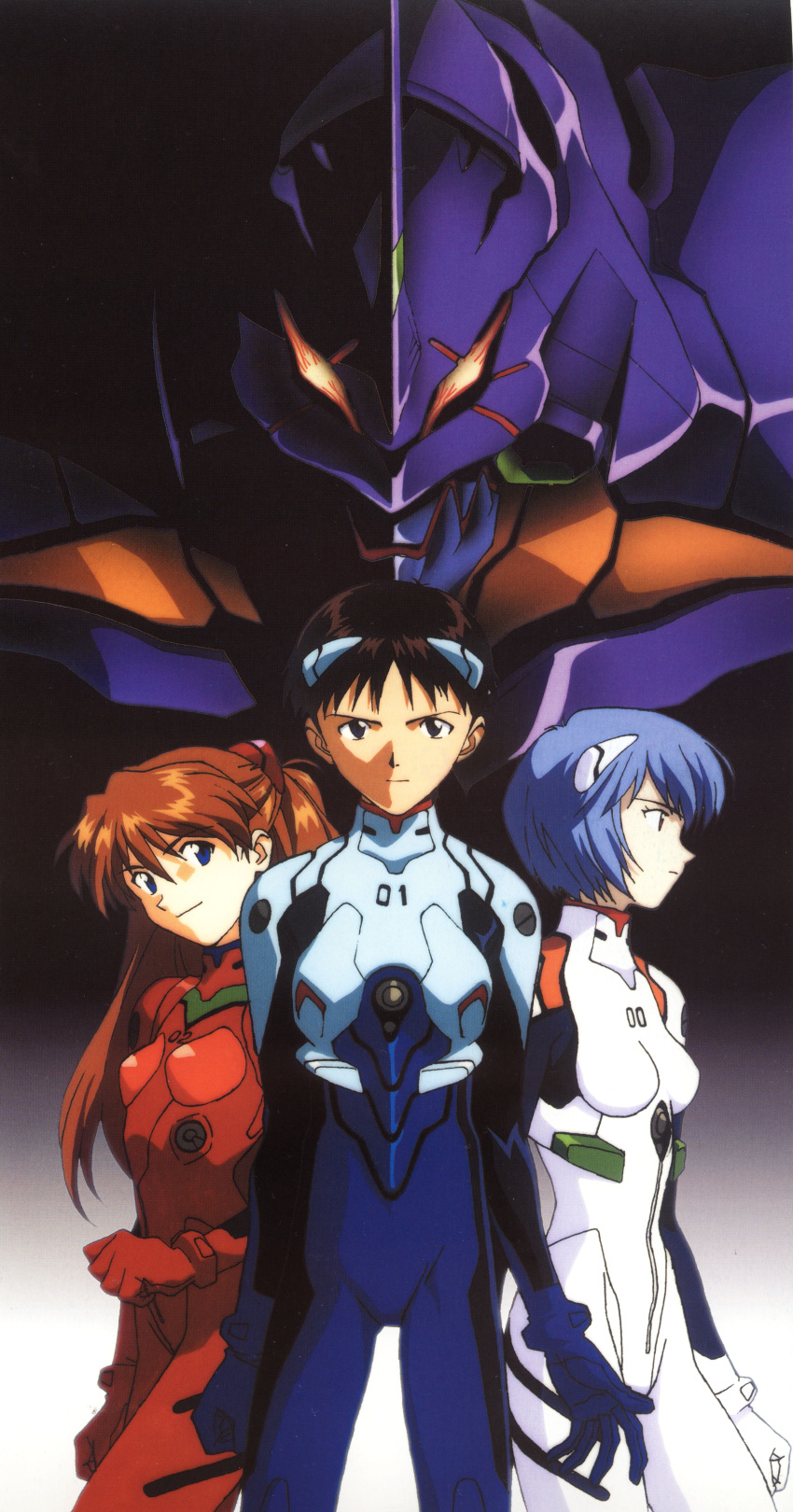 1boy 2girls absurdres ayanami_rei bangs black_hair blue_eyes blue_hair bodysuit bracer breasts brown_hair clenched_hand clenched_hands cowboy_shot expressionless from_side gloves gradient gradient_background hair_between_eyes hair_ornament highres honda_takeshi ikari_shinji long_hair looking_at_viewer looking_to_the_side mecha multiple_girls neon_genesis_evangelion number official_art pale_skin parted_bangs pilot_suit plugsuit profile red_eyes scan serious short_hair skinny small_breasts souryuu_asuka_langley standing