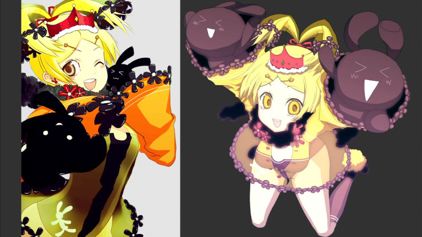 &gt;_&lt; antenna_hair blonde_hair blush closed_eyes crown ernula happy rabbit see-through senkou_no_ronde skirt socks sogabe_shuuji takayama_mizuki twintails wallpaper yellow_eyes