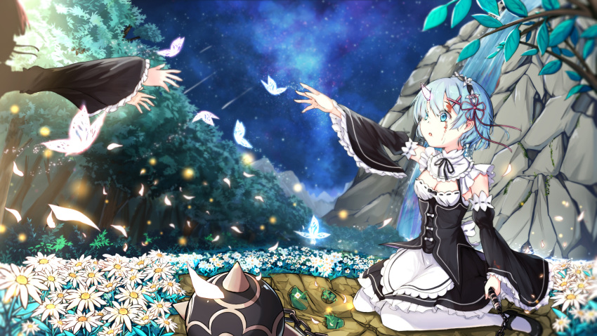 2girls :o apron black_dress black_ribbon black_shoes blood blood_on_face blue_eyes blue_hair breasts butterfly cleavage crying crying_with_eyes_open detached_sleeves dress field flail flower flower_field frilled_dress frilled_sleeves frills full_body glowing_butterfly hair_ornament highres holding holding_weapon horn kai_(lolicc) long_sleeves maid maid_headdress mary_janes meteor_shower multiple_girls neck_ribbon oni_horns out_of_frame petals pink_ribbon ram_(re:zero) re:zero_kara_hajimeru_isekai_seikatsu reaching rem_(re:zero) ribbon shoes shooting_star short_hair siblings sisters sitting small_breasts solo_focus tears waist_apron wariza weapon white_legwear wide_sleeves x_hair_ornament
