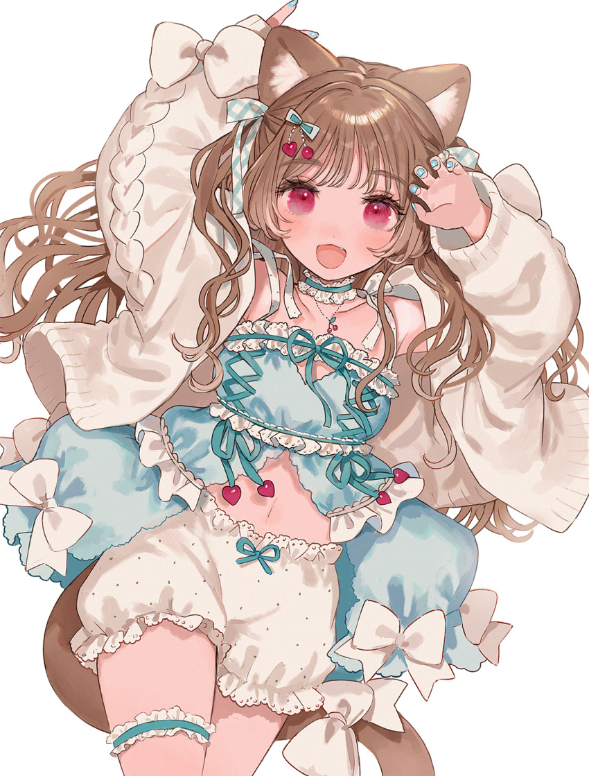 1girl :d animal_ear_fluff animal_ears arms_up bangs bare_shoulders bloomers bow brown_hair cat_ears cat_girl cat_tail collarbone commentary_request eyebrows_visible_through_hair fang highres jacket long_hair long_sleeves looking_at_viewer maomao_(marblecreators) marblecreators miyako_(xxxbibit) navel open_clothes open_jacket open_mouth red_eyes simple_background sleeves_past_wrists smile solo tail tail_bow tail_ornament underwear very_long_hair virtual_youtuber white_background white_bloomers white_bow white_jacket