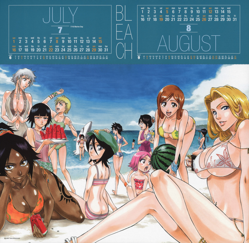 00s 2007 6+girls age_difference amputee ankle_band arisawa_tatsuki arm_up august back beach bent_over bikini binoculars black_hair bleach blonde_hair blue_eyes blush braid breasts brown_eyes brown_hair bun_cover butt_crack calendar child chin_rest cleavage closed_mouth clouds copyright_name dark_skin drink everyone female flat_chest food fruit green_bikini green_hat green_headwear hair_between_eyes hair_ornament hairclip hairpin hand_on_hat hand_on_headwear hat height_difference highres hinamori_momo holding holding_animal holding_food holding_fruit holding_watermelon horizontal-striped_bikini horizontal_stripes huge_breasts inoue_orihime ise_nanao july kotetsu_isane kotetsu_kiyone kubo_taito kuchiki_rukia kurotsuchi_nemu kusajishi_yachiru large_breasts leaning_forward long_hair long_legs looking_at_another looking_back matsumoto_rangiku mole mole_under_mouth multiple_girls ocean official_art open_mouth orange_hair outdoors partially_submerged polka_dot polka_dot_bikini polka_dot_swimsuit ponytail sarong sarugaki_hiyori shark shiba_kuukaku shihouin_yoruichi short_hair siblings silver_hair single_braid sisters sitting sky smile standing striped striped_bikini striped_swimsuit sui-feng swimsuit tankini tattoo thigh_tattoo two-tone_bikini under_boob unohana_retsu very_short_hair water watermelon wristband x_hair_ornament yellow_bikini yellow_swimsuit