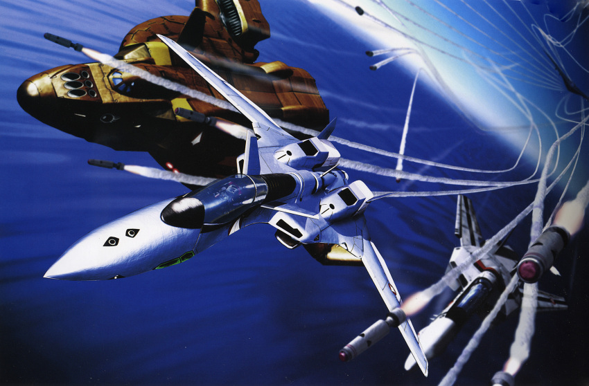 1boy aerial_battle aircraft airplane battle fighter_jet flying game_console highres itano_circus jet macross macross_vf-x macross_vf-x2 mecha military military_vehicle missile ocean official_art playstation realistic roboteching science_fiction sky tenjin_hidetaka vb-6 vb-6_konig_monster vf-1 vf-19 video_game water yf-19