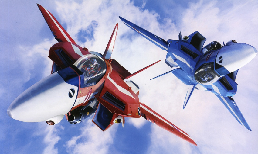 80s choujikuu_yousai_macross clouds couple flying highres macross maximilian_jenius mecha meltrandi millia_jenius oldschool realistic tenjin_hidetaka u.n._spacy valkyrie vf-1 vf-1j zentradi