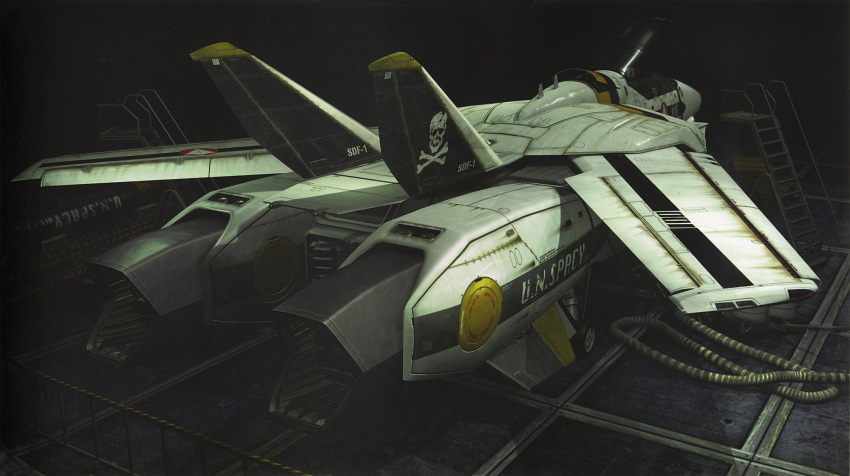 3d 80s choujikuu_yousai_macross gunpod highres macross macross:_do_you_remember_love? mecha official_art oldschool realistic skull_and_crossbones tenjin_hidetaka u.n._spacy valkyrie vf-1