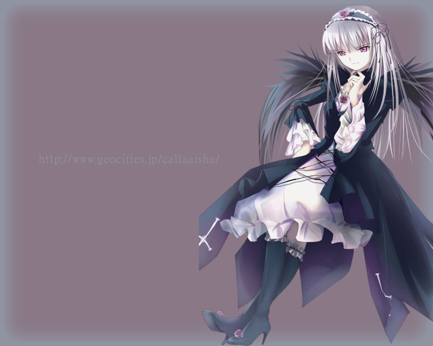 00s 1girl aisha_callaaisha black_boots boots brown_background cape cross-laced_clothes dress frills full_body hairband knee_boots lolita_hairband long_sleeves looking_at_viewer pink_eyes rozen_maiden silver_hair simple_background solo standing suigintou wallpaper white_dress