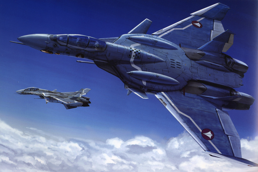 00s 2boys aircraft airplane canards clouds edgar_lasalle fighter_jet flying highres jet kudou_shin macross macross_zero mecha military military_vehicle multiple_boys realistic sky tenjin_hidetaka vf-0 vf-0d