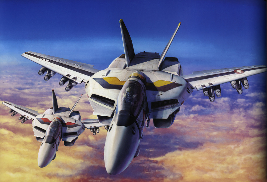 2boys 80s aircraft airplane choujikuu_yousai_macross clouds fighter_jet flying highres ichijou_hikaru jet macross macross:_do_you_remember_love? mecha military military_vehicle multiple_boys official_art oldschool realistic roy_focker skull_squadron sky tenjin_hidetaka vf-1