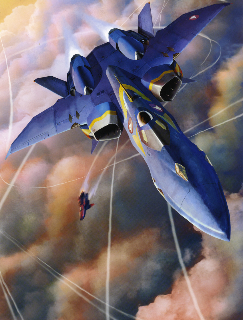 1boy 90s aircraft airplane battle fighter_jet flying ghost ghost_drone guld_goa_bowman highres jet macross macross_plus mecha military military_vehicle official_art omega_one scan science_fiction sharon_apple tenjin_hidetaka variable_fighter x-9 yf-21