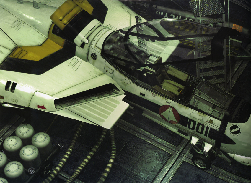 3d 80s aircraft airplane choujikuu_yousai_macross cockpit gun gunpod hangar highres jet macross macross:_do_you_remember_love? mecha official_art oldschool open_cockpit realistic tenjin_hidetaka valkyrie vf-1 weapon