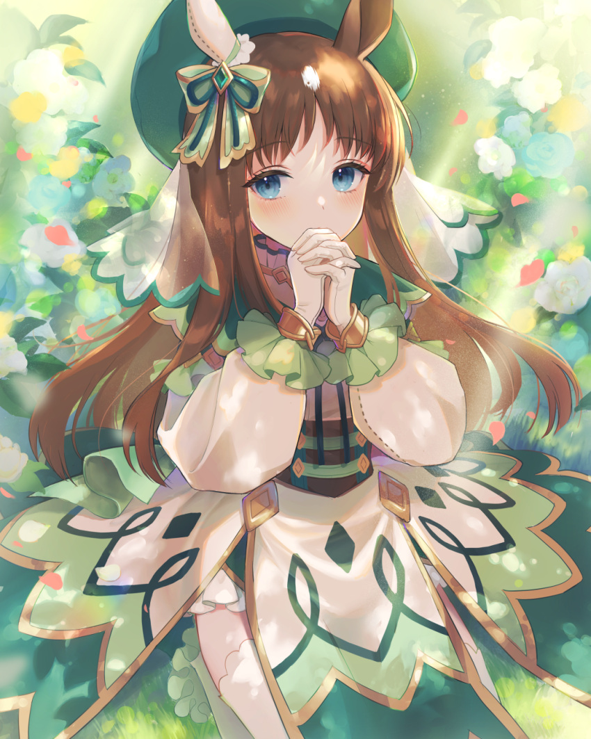 1girl animal_ears beret blue_eyes blush brown_hair capelet ear_covers fantasy_world_umanest_(umamusume) flower gloves grass_wonder_(umamusume) green_capelet green_headwear green_skirt hat highres horse_ears horse_girl interlocked_fingers kkokko long_hair long_sleeves overskirt own_hands_clasped own_hands_together pelvic_curtain single_ear_cover skirt solo thigh-highs umamusume underbust veil white_gloves white_legwear