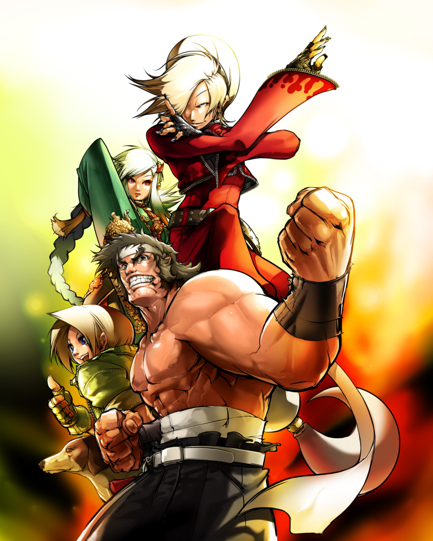 2boys 2girls abs androgynous ash_crimson belt blue_mary braid clenched_teeth crossdressinging crossover dog eyebrows falcoon fatal_fury fighter's_history fingerless_gloves fingernails gloves hair_over_one_eye headband highres king_of_fighters king_of_fighters_maximum_impact kof:_maximum_impact long_fingernails long_hair long_nails makoto_mizoguchi manly mizoguchi_makoto multiple_boys multiple_girls muscle nail snk teeth the_king_of_fighters thumbs_up trap xiao_lon