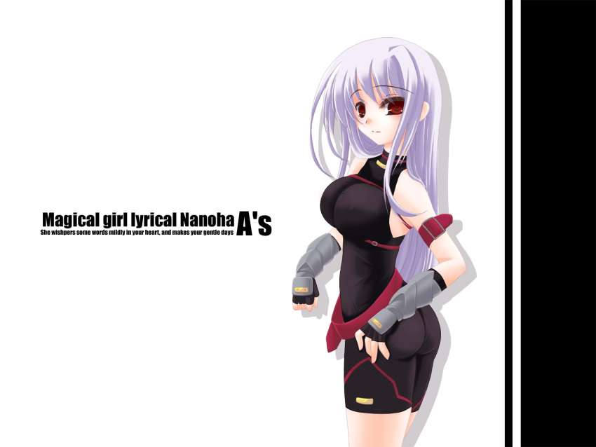 1girl belt blush breasts copyright_name fate_testarossa fate_testarossa_(cosplay) fingerless_gloves frapowa from_side gloves highres large_breasts long_hair lyrical_nanoha magical_girl mahou_shoujo_lyrical_nanoha mahou_shoujo_lyrical_nanoha_a's red_eyes reinforce silver_hair solo