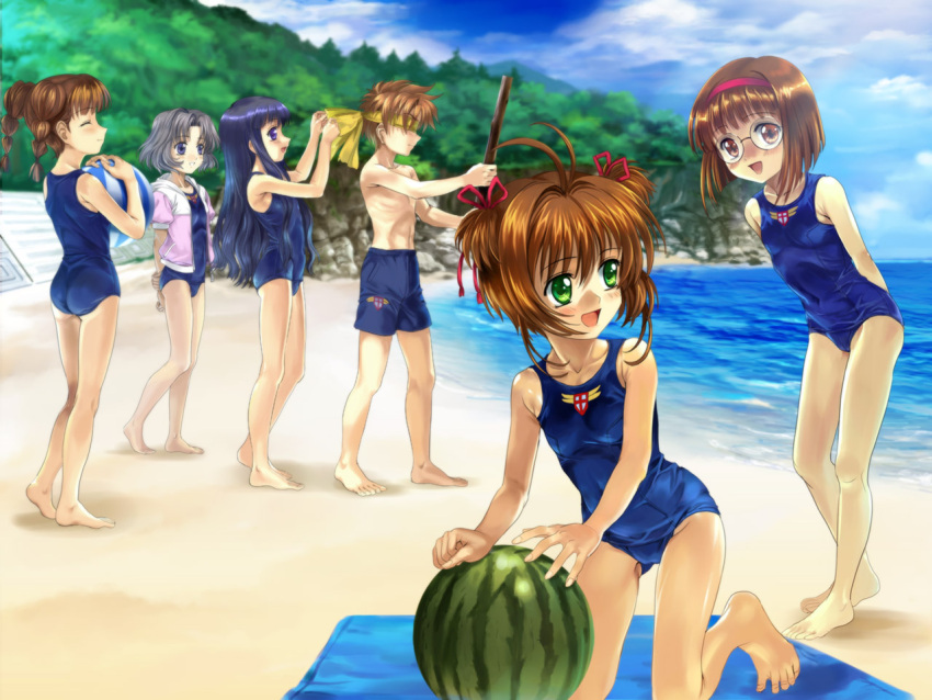 1boy 5girls 90s barefoot beach blindfold card_captor_sakura child daidouji_tomoyo feet food fruit green_eyes holding holding_fruit kinomoto_sakura kodansha li_xiaolang mihara_chiharu multiple_girls mutsuki_(moonknives) ocean one-piece_swimsuit outdoors sasaki_rika school_swimsuit spread_toes suikawari swimsuit toes wallpaper water watermelon yanagisawa_naoko